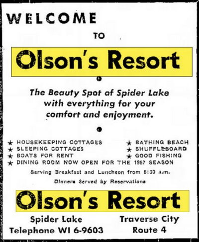 Olsons Resort - Jul 10 1957 Ad (newer photo)